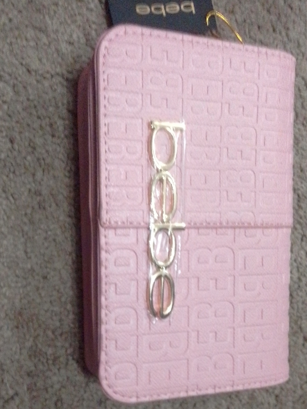 bebe Pink Embossed Logo Zip Wallet with Gold Hardware